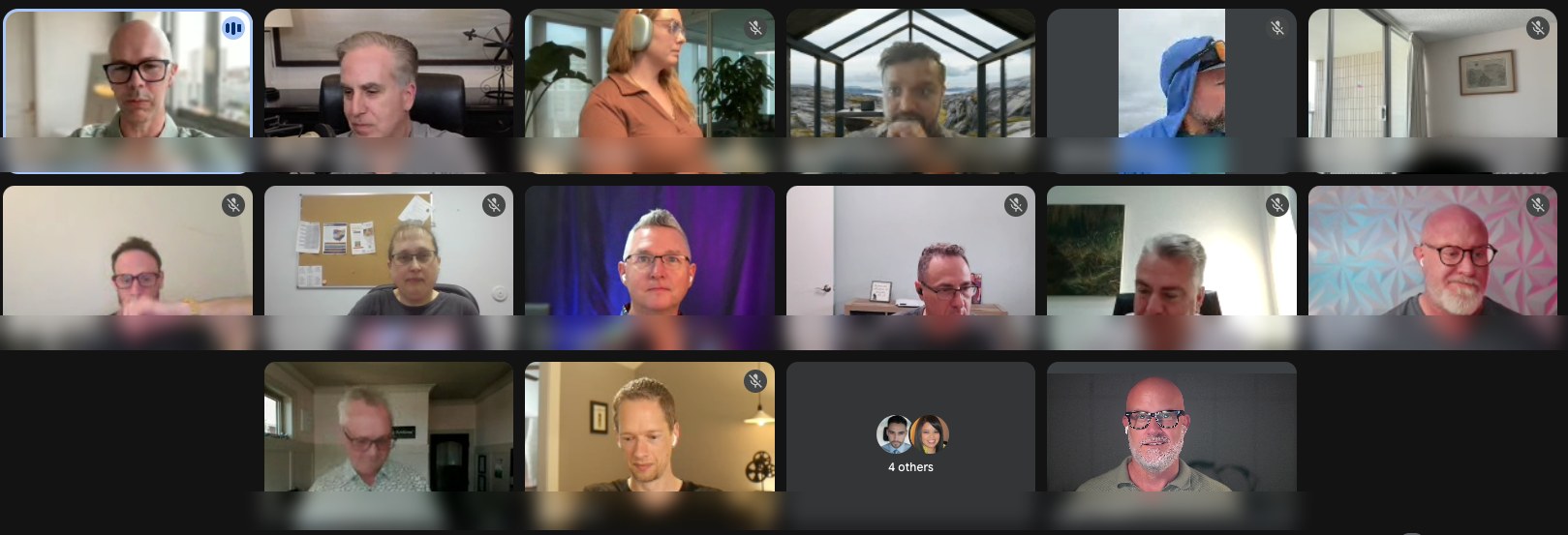 A live online group call with Angus Nelson and a grid of leaders on camera